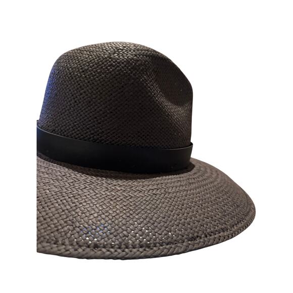 Janessa Leone Black Straw Hat Wide Brim Fedora Sz. Small - Picture 7 of 10